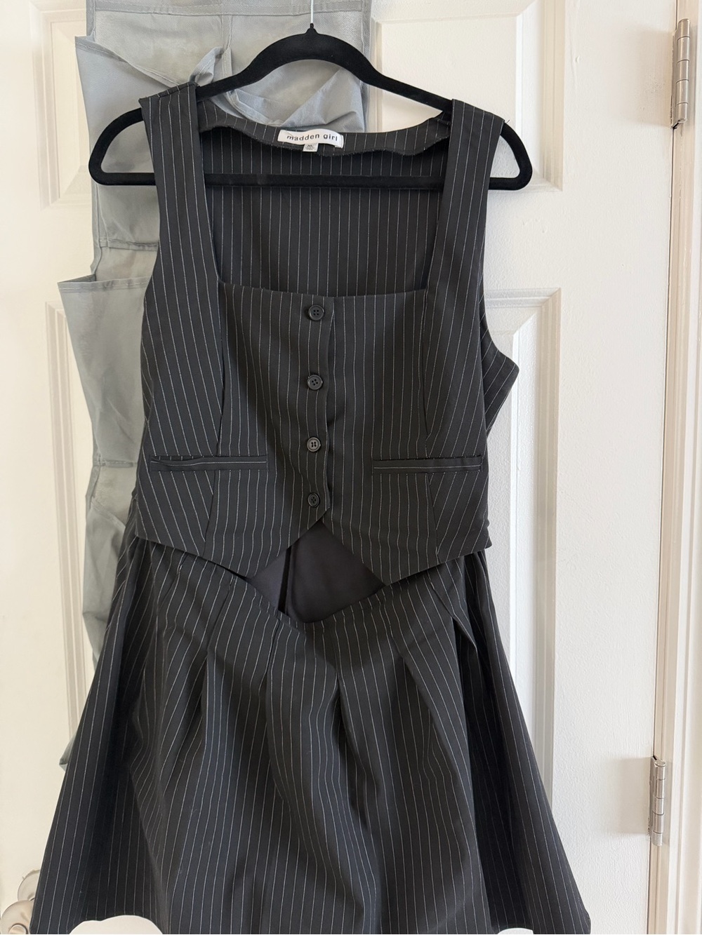Madden Girl Black Pinstripe Sleeveless Dress with Mock Vest Front